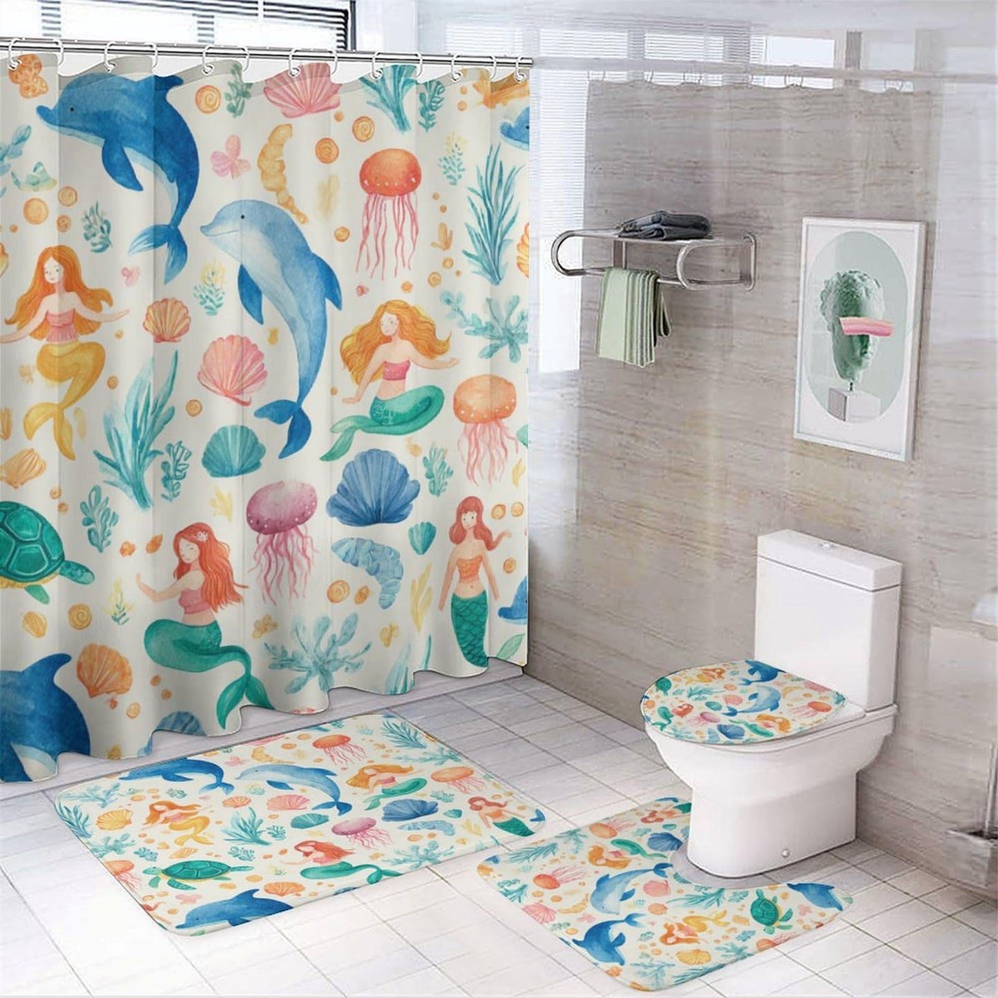 INSFBRB Cute Watercolor Dolphin Shower Curtain Sets with Rug,Toilet Lid Cover and Bath Mat,Cartoon Funny Ocean Mermaid Seashell Wildlife Jellyfish Sea Turtle 4 Piece Bathroom Set