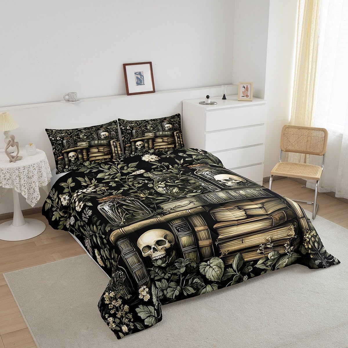 jejeloiu Dark Academia Bedding Set 2Pcs Twin Size Kids Skull Comforter Set for Boys Girls Goth Duvet Quilt Soft Lightweight,Microfiber
