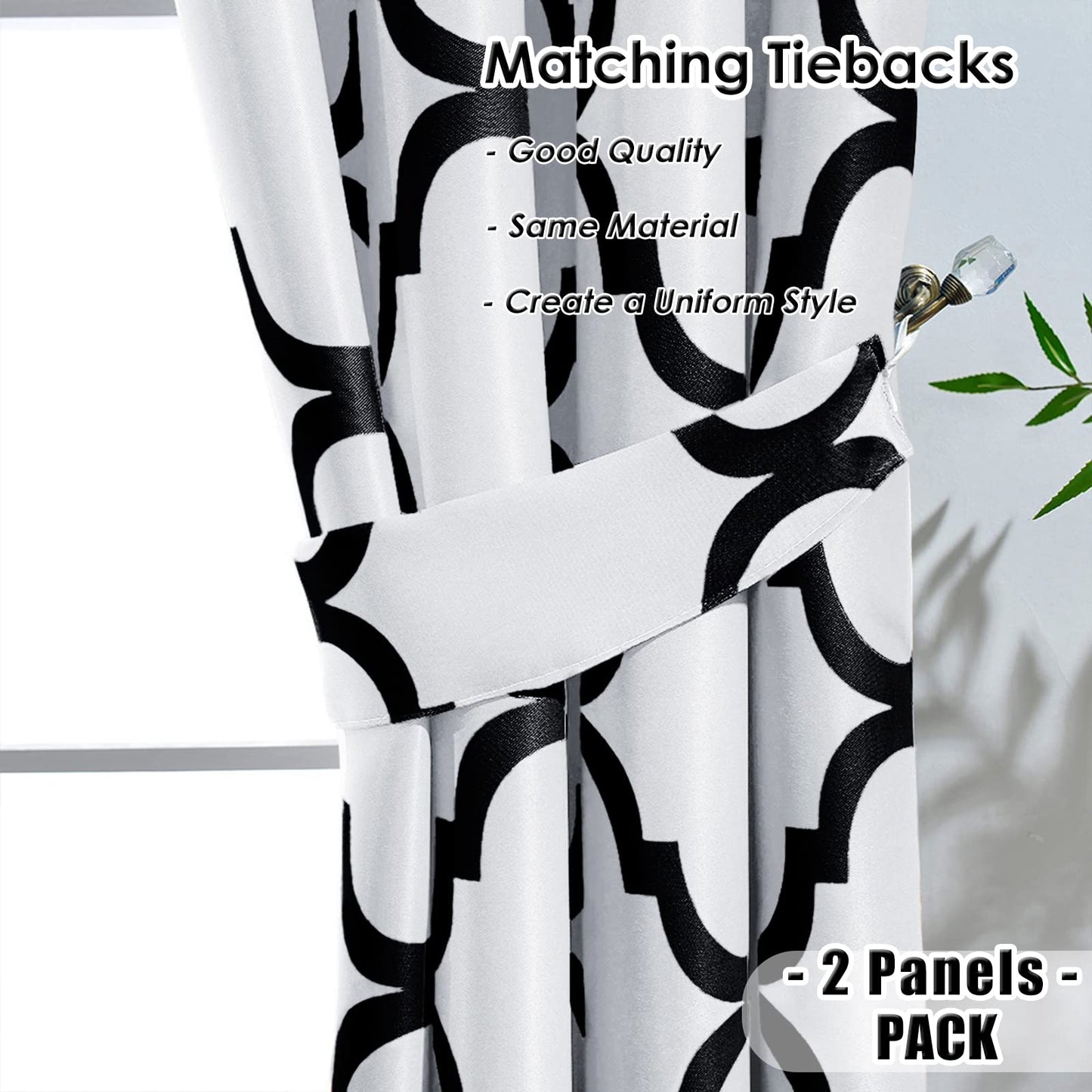 Melodieux Moroccan Printed Room Darkening Blackout Grommet Curtains for Living Room Bedroom, 52 by 84 Inch, Off White/Black (2 Panels)
