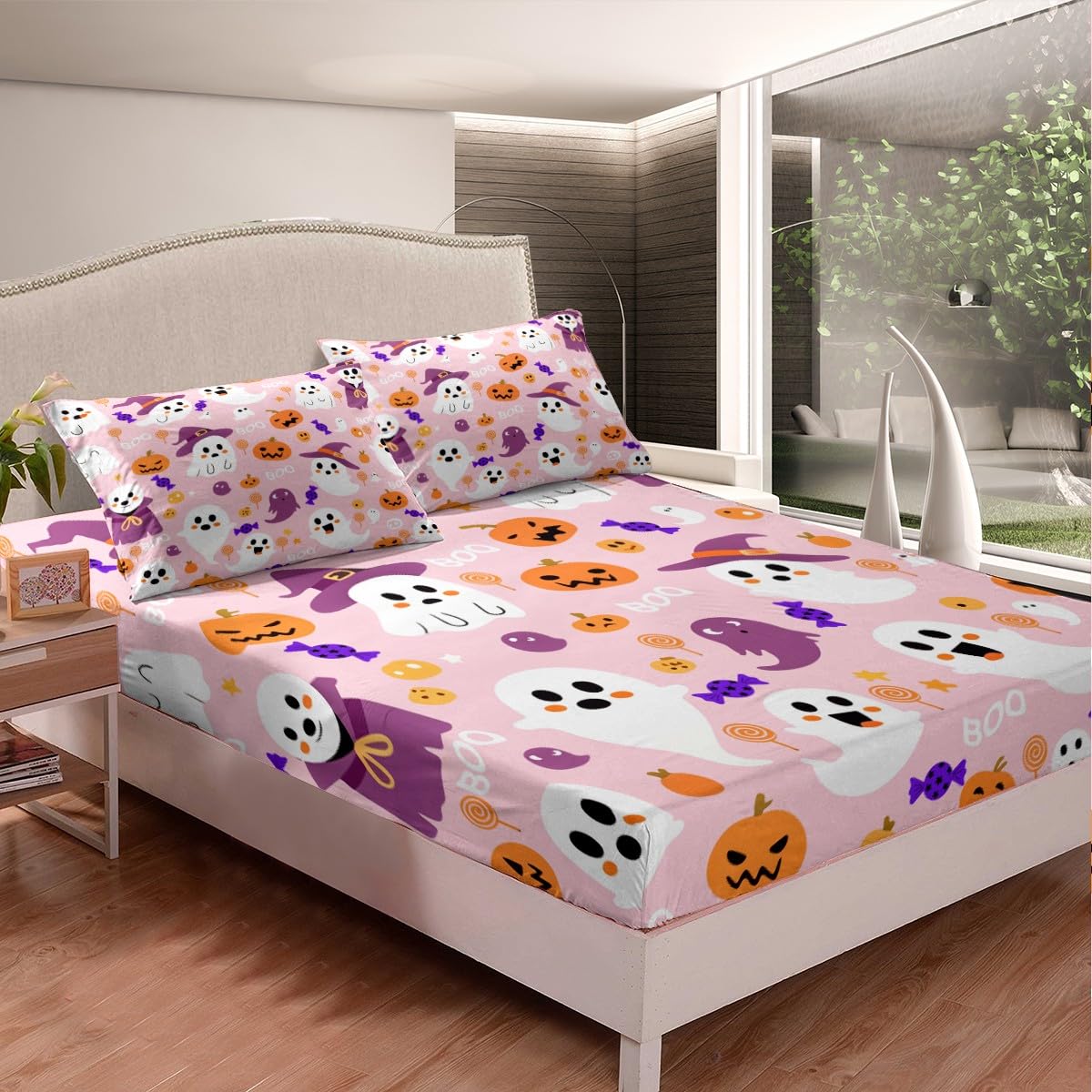 Feelyou Kids Cartoon Halloween Fitted Sheet Cute Ghost Pumpkin Sheets Set for Child Boys Girls Pink Purple Full Size Bedding Set Decoration Kawaii Bed Sheet Set Collection