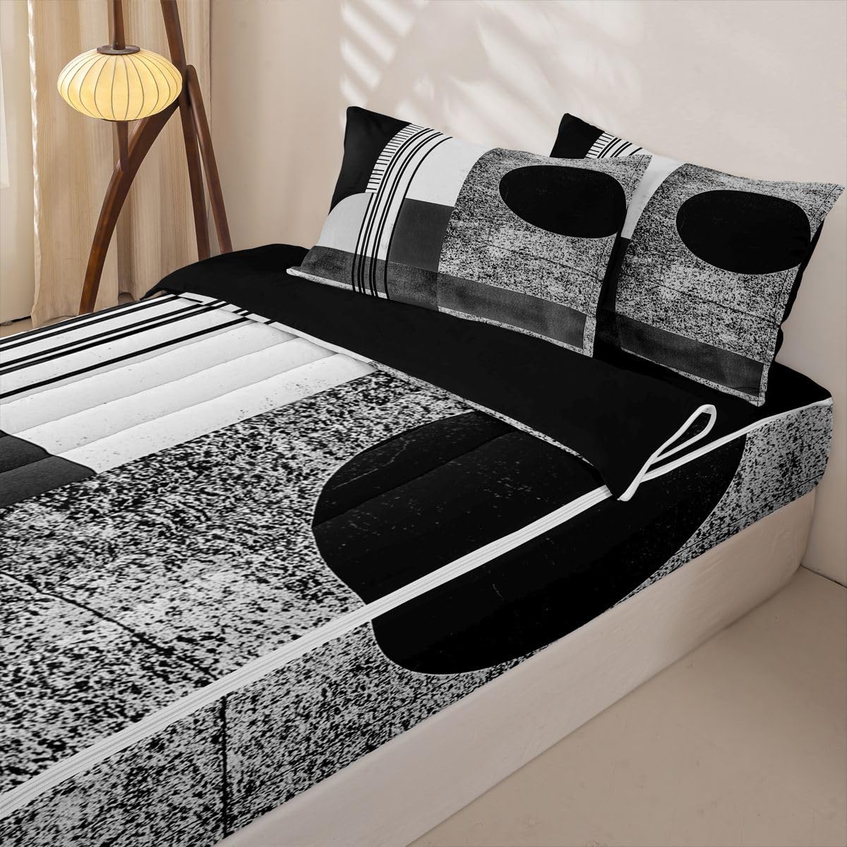 jejeloiu Modern Art Print Full Zipper Bedding Set Retro Kids Comforter Set with Fitted Sheet and 2 Pillowcases Abstract Geometric Bed in a Bag Zip Up Bedding Soft Microfiber