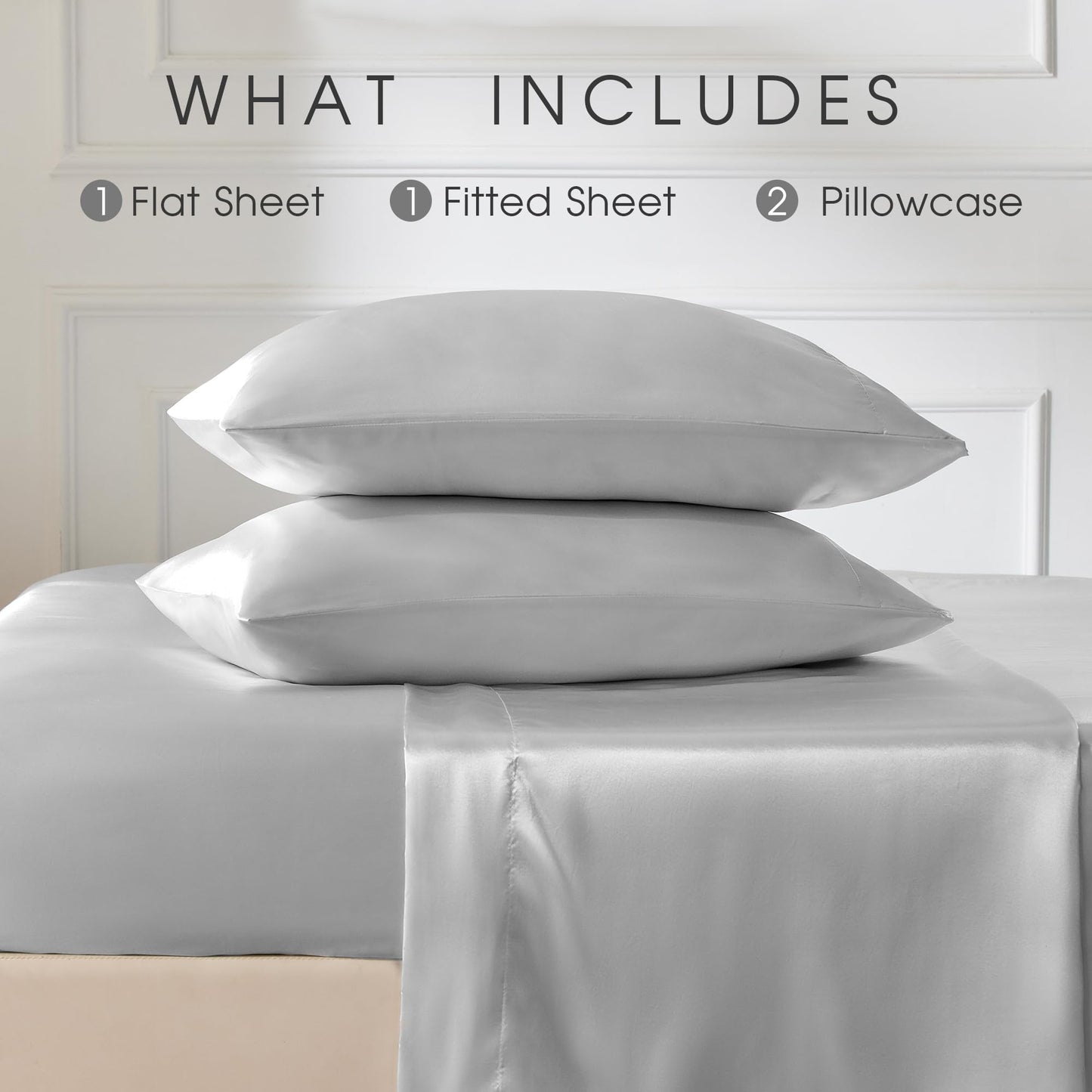 FreshCulture Satin Sheets Full Size - 4 Piece Luxury Soft Silky Full Size Bed Sheets, Similar to Silk Bed Sheet Set with 1 Deep Pocket Fitted Sheet, 1 Flat Sheet & 2 Pillowcases (Silver Grey)