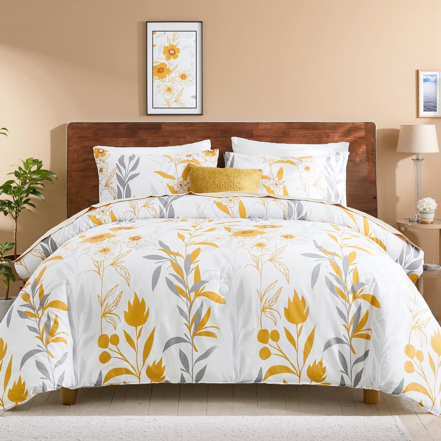 100% Cotton Floral Comforter 3 Pcs Botanical Queen Bedding Set Yellow Flower Grey Leaf Plant Printed Super Soft Cozy Country Rustic Bed Comforter Set All Season