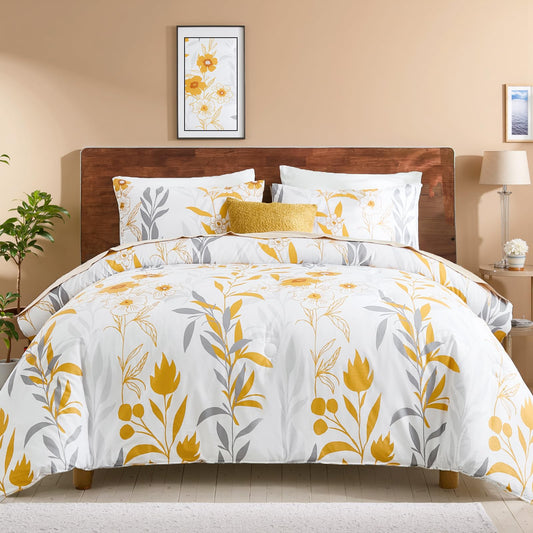 100% Cotton Floral Comforter 3 Pcs Botanical Queen Bedding Set Yellow Flower Grey Leaf Plant Printed Super Soft Cozy Country Rustic Bed Comforter Set All Season