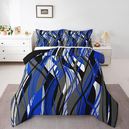 jejeloiu Queen Size Blue Striped Bedding Set for Kids Boys Girls Modern Abstract Comforter Set Minimalist Duvet Quilt Bedroom Decor Soft Lightweight Microfiber 3Pcs