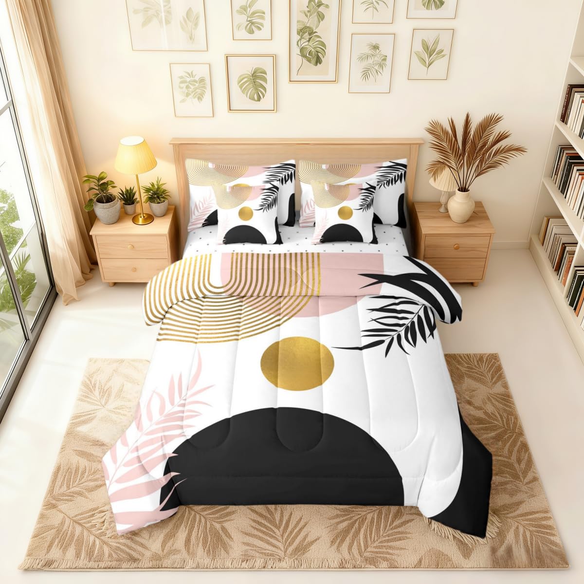 Erosebridal Boho Pink Black and Gold King Size Comforter Set with Sheets, Abstract Mid Century 7 Pcs Bedding Set for Adults, Minimalist Aesthetic Geometric Bed in A Bag, Modern Bohemian Chic Bed Sets