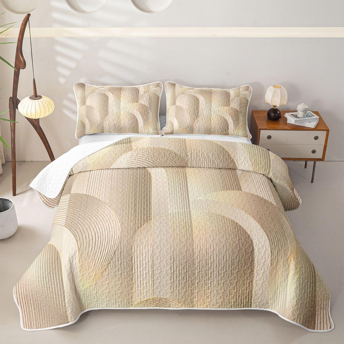 Erosebridal Geometric Quilted Bedspreadd Set Twin Modern Abstract Texture Coverlet Set Nordic Style Bed Set Ombre Beige White Bedding Set