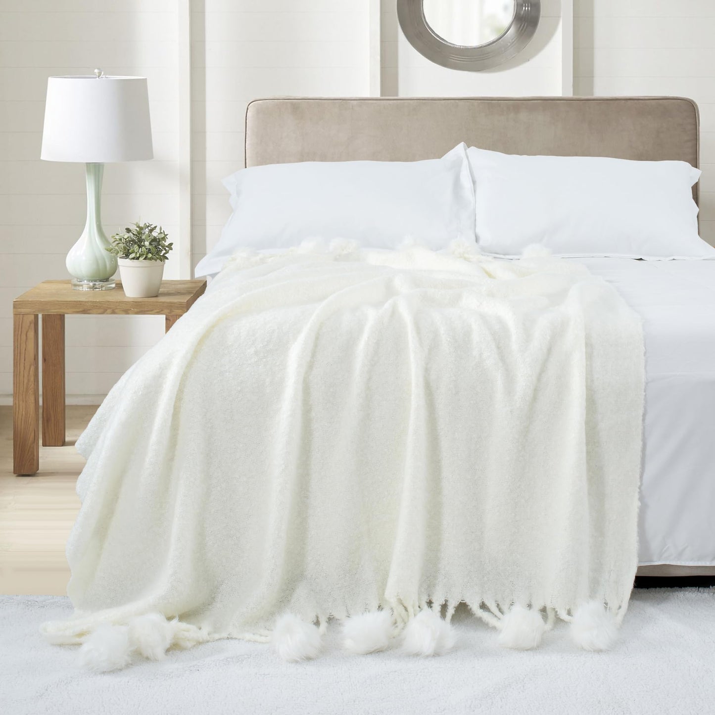 GINAMUSE White Pom Pom Throw Blanket for Couch, 60"X80" Soft Lightweight Knitted Farmhouse Decorative Blankets for Bed and Sofa