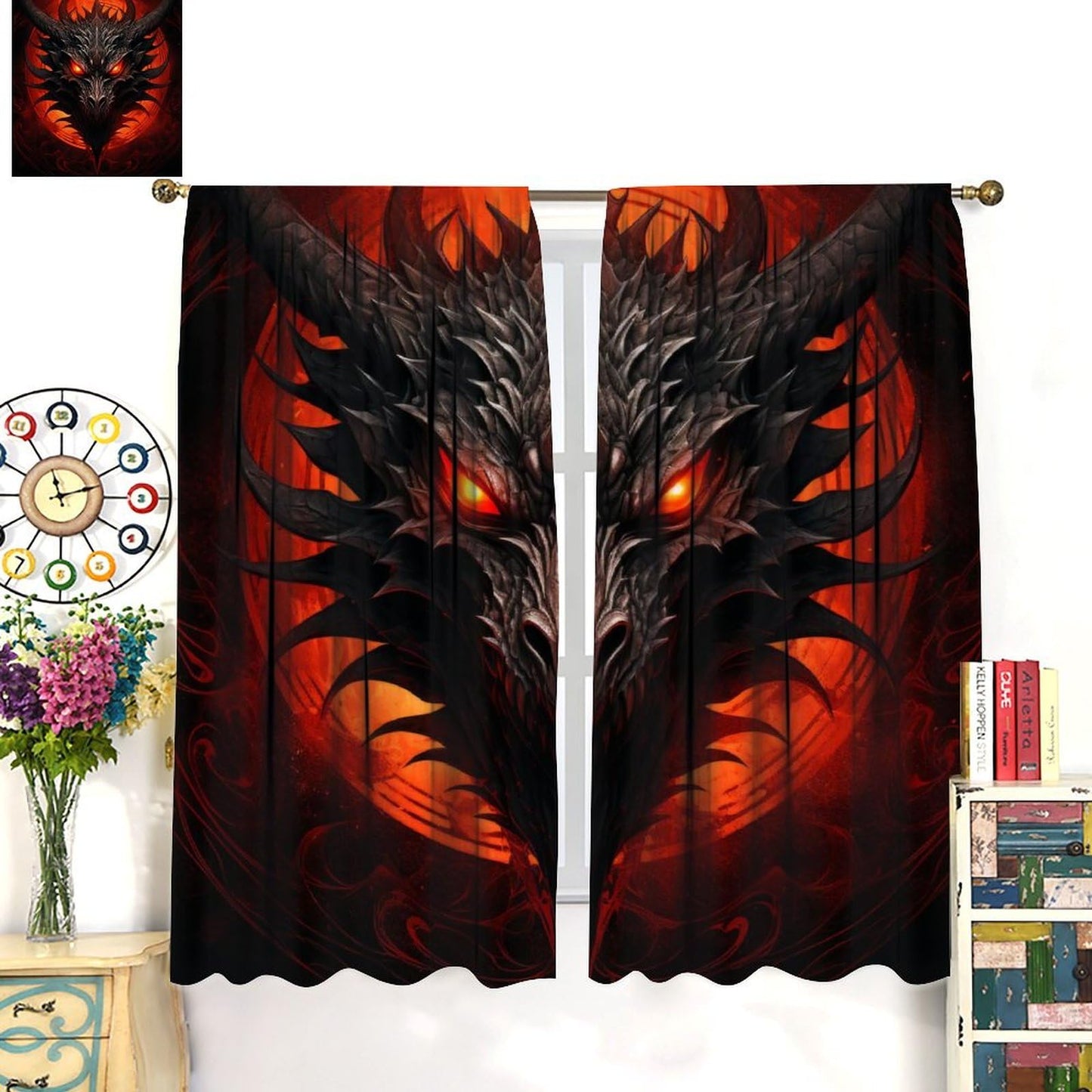 wlsgdsg Dragon Curtains, Mystic Magic Vicious Red Blood Moon Adventure Treasure Dragon Eyes Windows Treatments, Thermal Insulated Drapes for Kids Boys Girls Living Room Bedroom 42x45in (No Blackout)