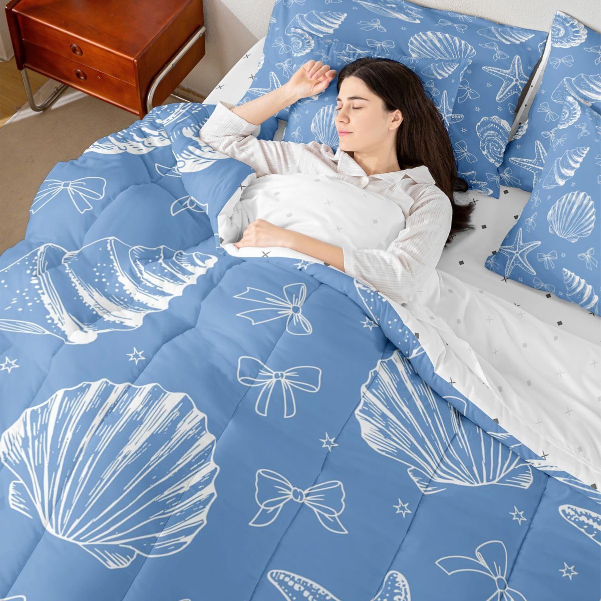 Feelyou Starfish Beach Comforter Set King Size 7 Pieces Blue Bow Shell Bedding Set for Kids Boys Girls Coastal Beach Ocean Bed in a Bag with Comforter, Sheets, Pillowcases, Cushion Covers