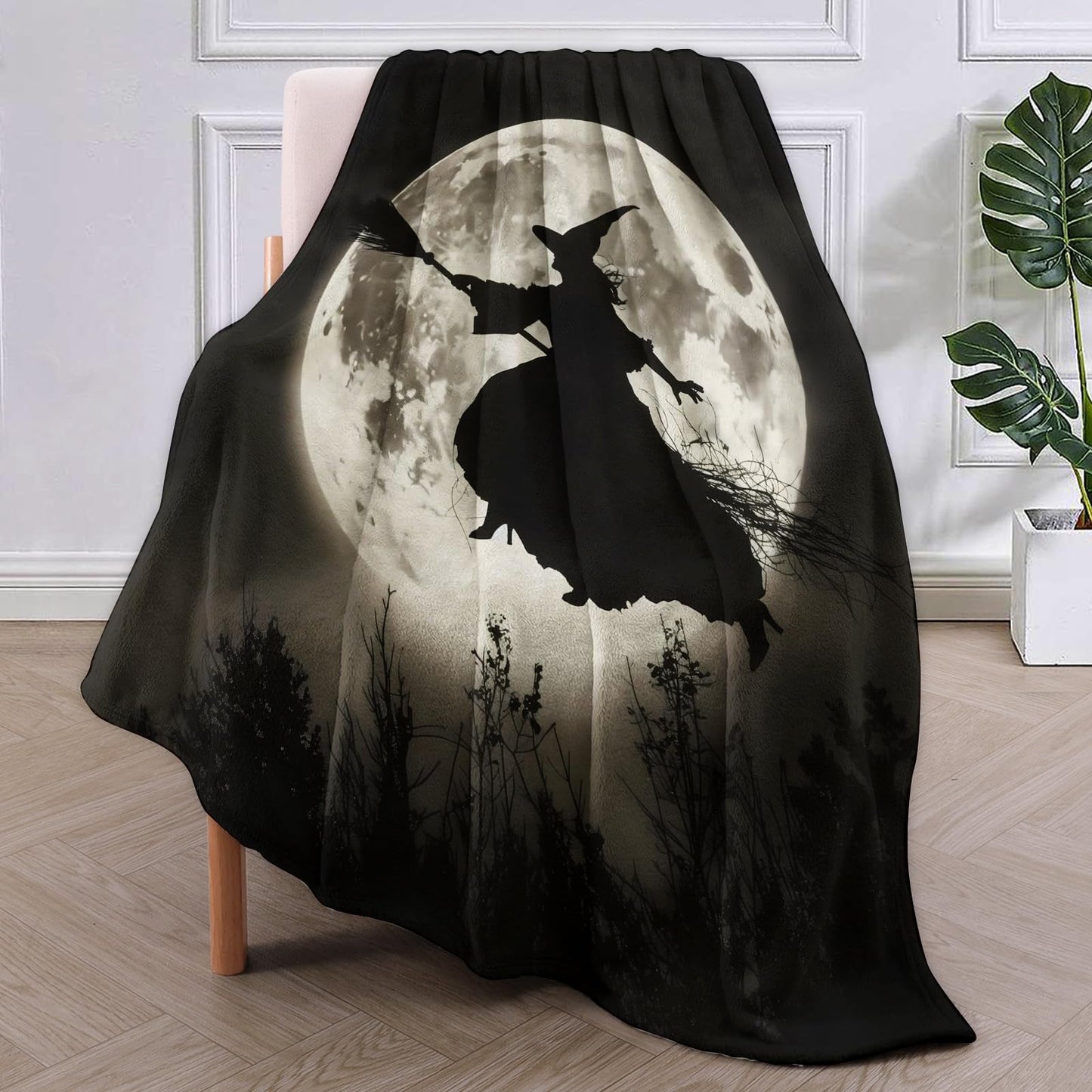 VANZEV Midnight Witch Flight Fleece Blanket Gifts, Silhouette Against Full Moon Design, Soft Throw 50x60 inches, Haunting Halloween Decor - Black and Gray