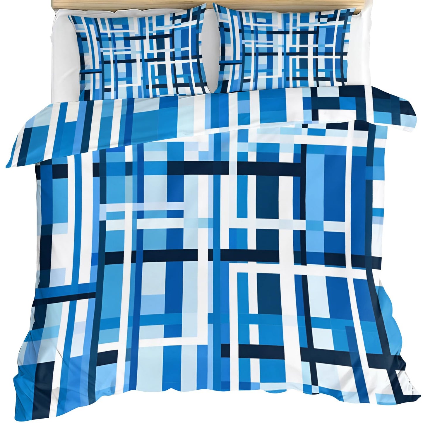 GKPLY Blue Grid Abstract Bedding California King, Modern Geometric Duvet Cover Set, Minimalist Block Comforter Cover with Zipper, 3 Pieces with 2 Pillowcases, Cool Tone Bedding