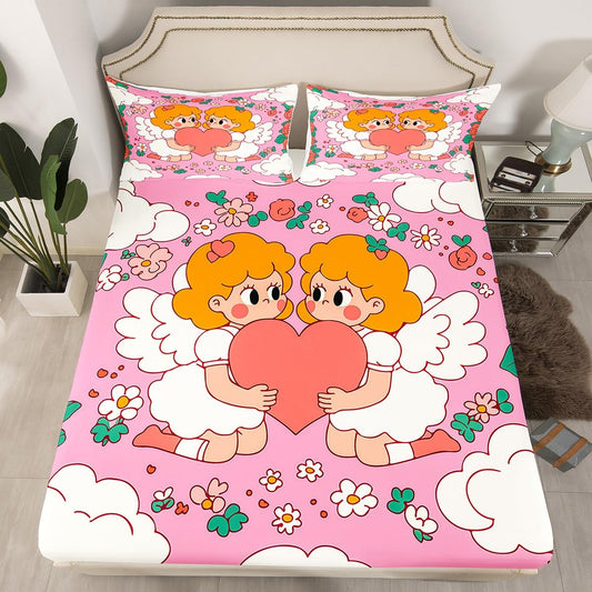 Feelyou Boys Girls Valentine's Day Bed Sheet Set Full Size, Angel Baby Bedding Set Love Heart Fitted Sheet Kids Romantic Teens Bed Cover Bedroom Decor with 2 Pillow Case (No Flat Sheet)