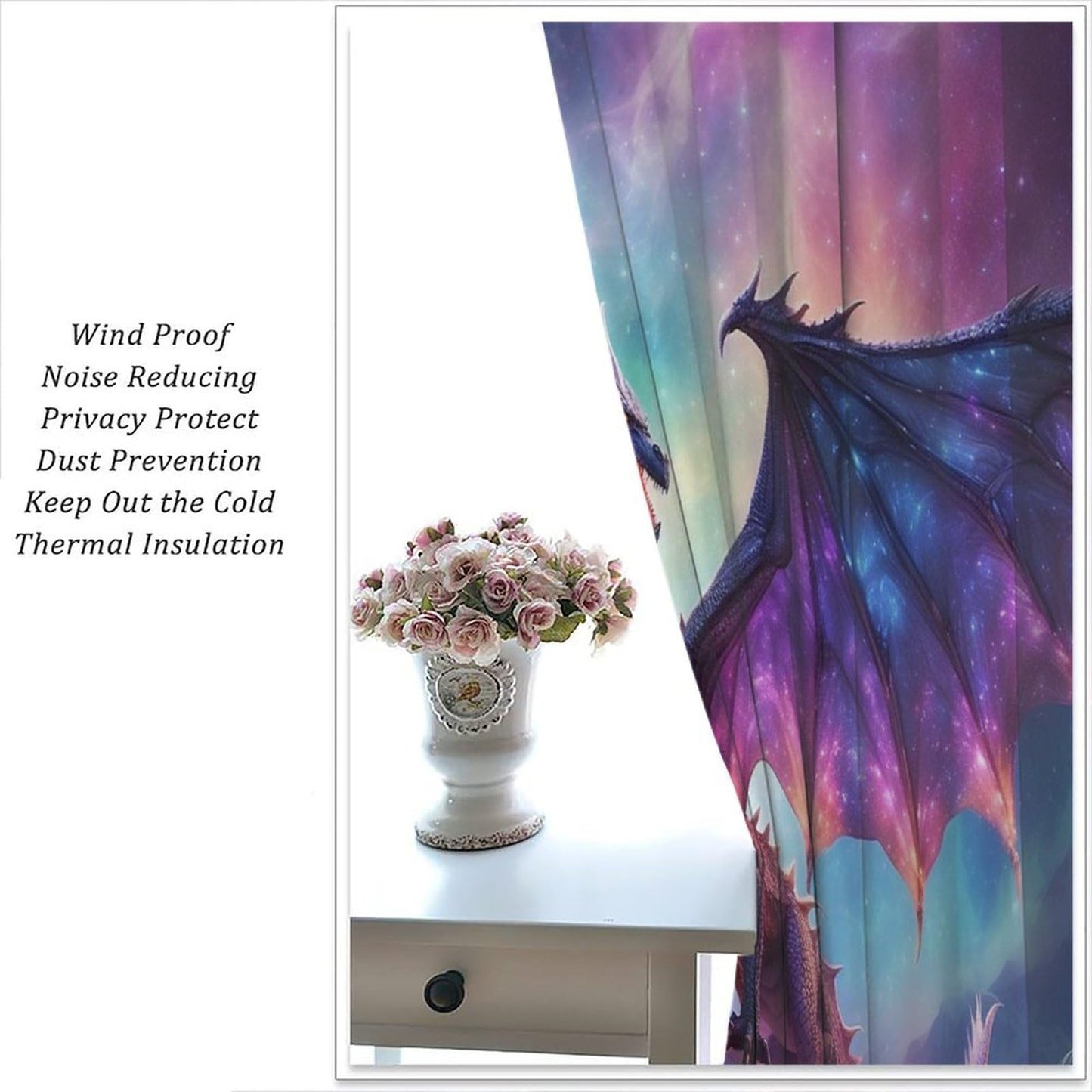 Fantasy Dragon Curtains for Bedroom,Mystic Magic Star Epic Adventure Fantasy Wings Fire-Breathing Dragon Animals Dragon Window Drapes Print for Kids Boys Girls Living Room 42x45in (No Blackout)