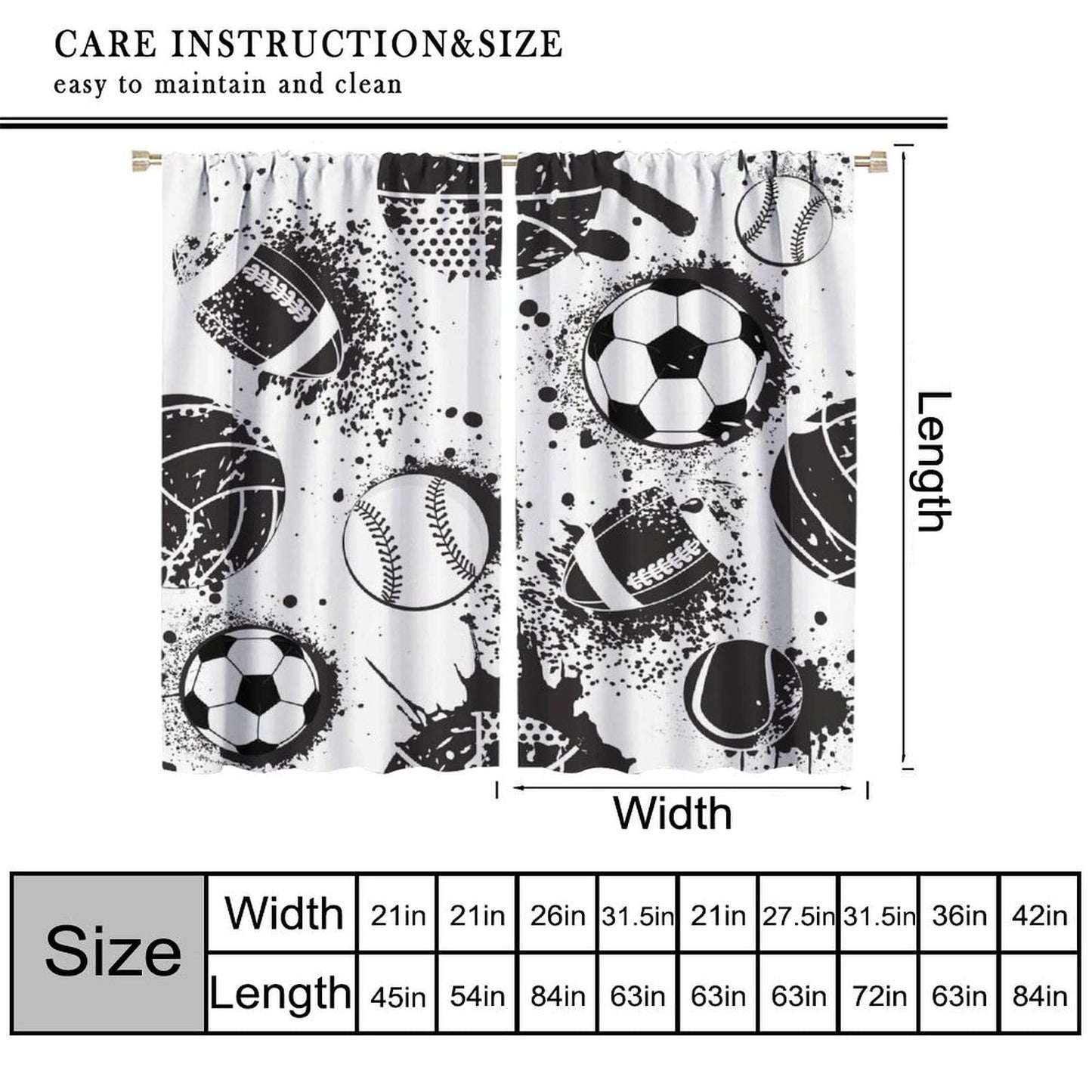 Sports Themed Curtains for Boys Abstract Basketball Football Black White Grunge Window Treatments for Teens Girls Bedroom Living Room Décor Drapes 2 Panel Sets Total Size 42" x 45"