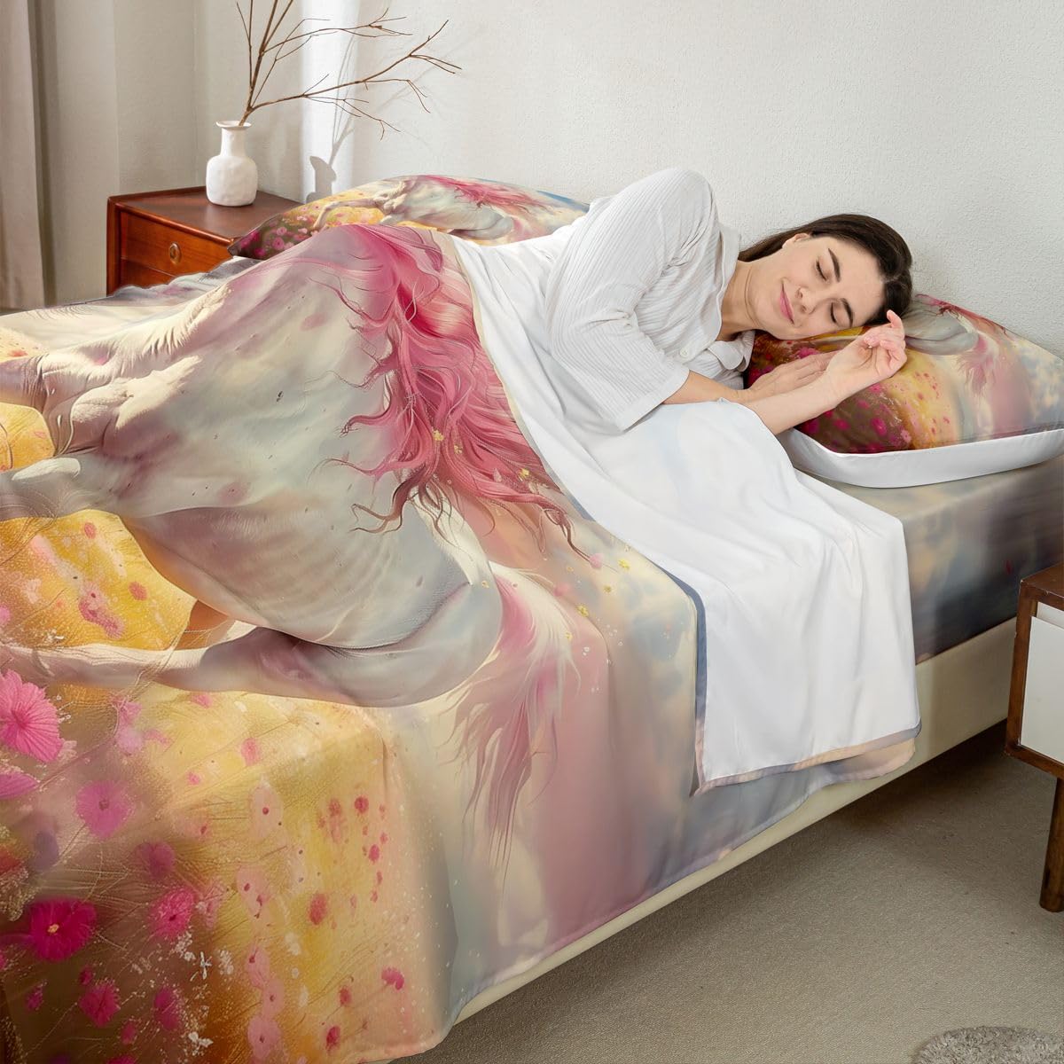 jejeloiu Galloping Horse Bed Sheets Set Queen Size Colorful Flower Deep Pocket Fitted Sheet Rustic Farmhouse Bedding Sets Wild Animal Soft Bed Set 4Pcs with 2 Pillow Cases
