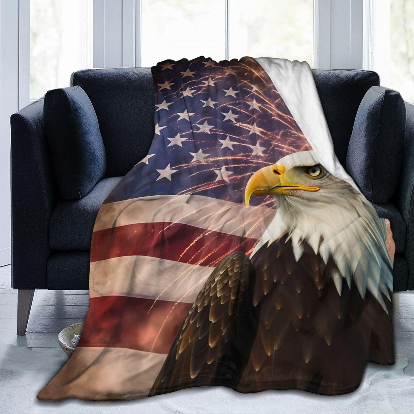 American Flag Ultra-Soft Flannel Throw Blankets, Firework Eagle Blanket for Bed Couch Sofa, All Seasons Home Camper Travel 60"x50"