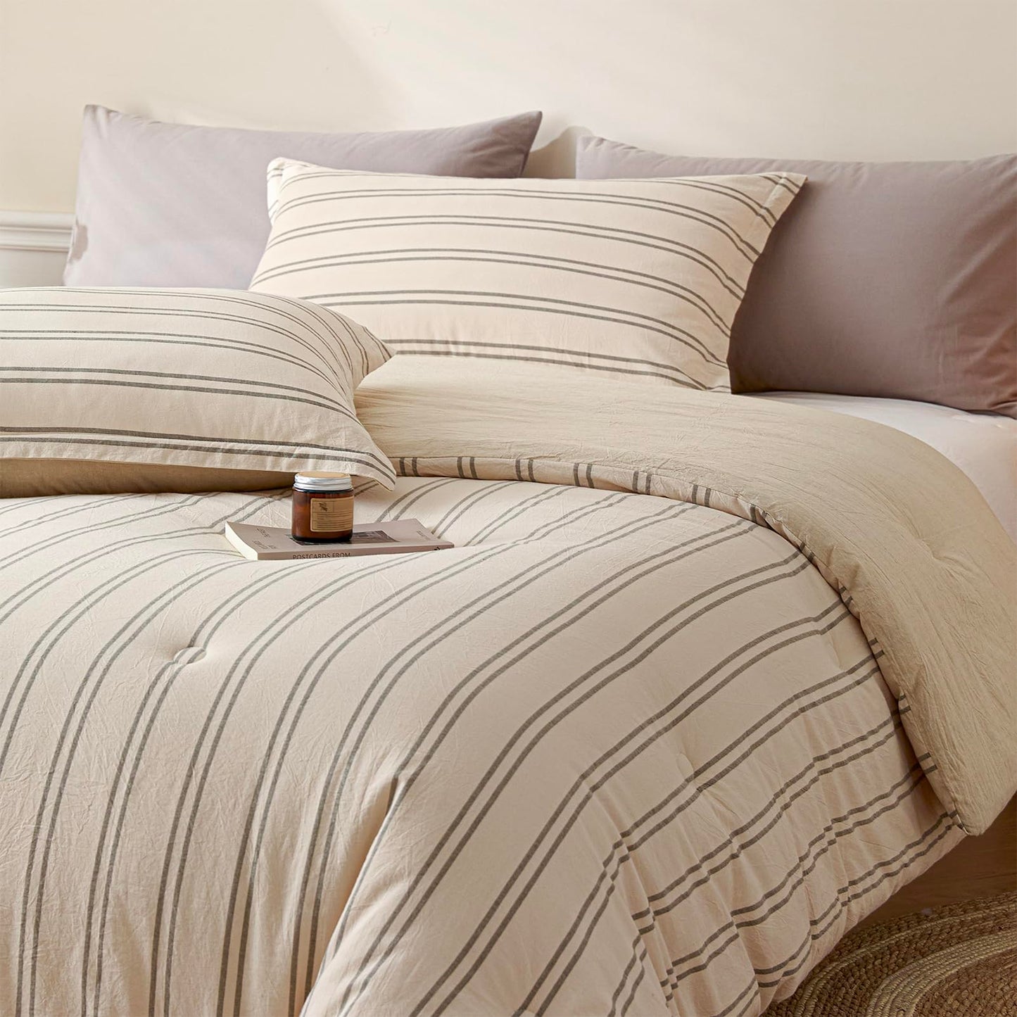 Cyusri Cotton Stripe King Comforter Set - Soft Lightweight Bedding 3 Pieces Dyed Bed Set with 2 Pillow Shams,Reversible All Season Farmhouse Down Alternative(King Size 104"x90" Beige)