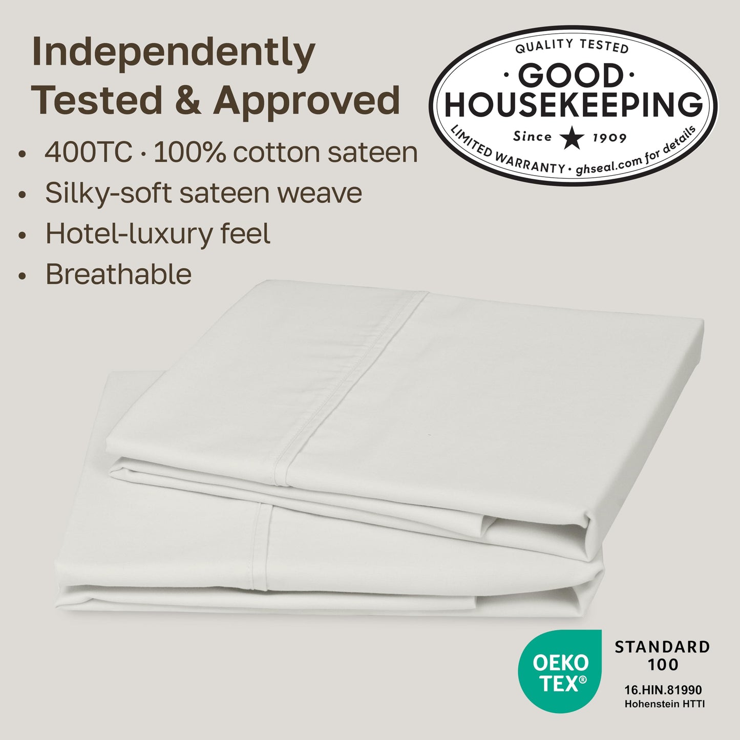 California Design Den Standard Queen Size Pillowcase Set - 400 Thread Count, 100% Cotton Sateen, Set of 2 Pillow Covers, Soft and Breathable - Ivory (Pale Tone)