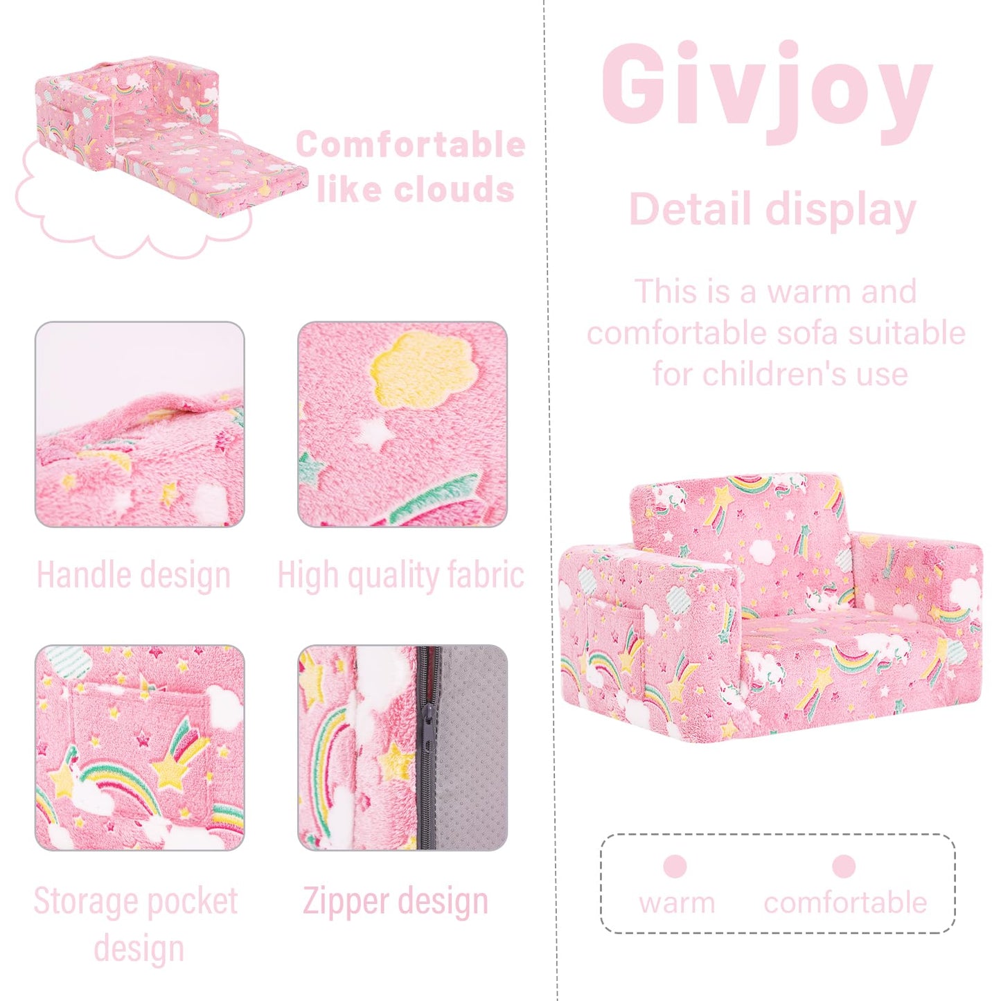 Givjoy Kids Sofa Toddler Chair, Children Couch with Side Pockets 2 in 1 Glow in Dark Armchair with Removable and Washable Cover Carrying Handle Kids Reading Sofa for Playroom, Pink Rainbow