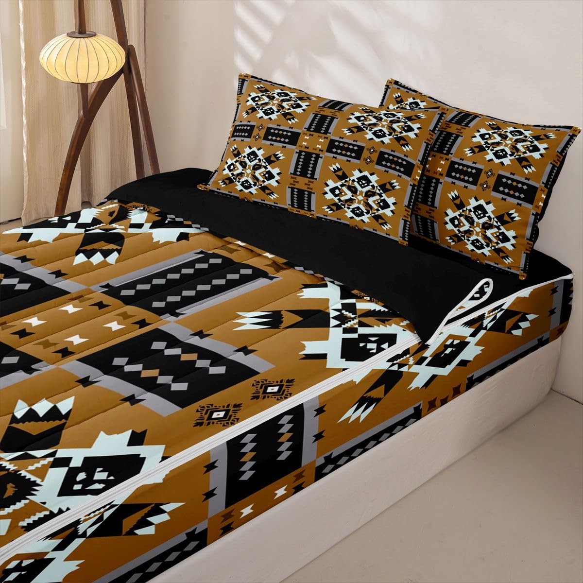 Caramel Tan Southwestern Full Zipper Comforter Set,Lightweight Aztec Tribal 4 Piece Complete Bedding Set Bed in a Bag with Fitted Sheet & Pillowcases,Black and White Geometric for Kids Boys Teen Girls