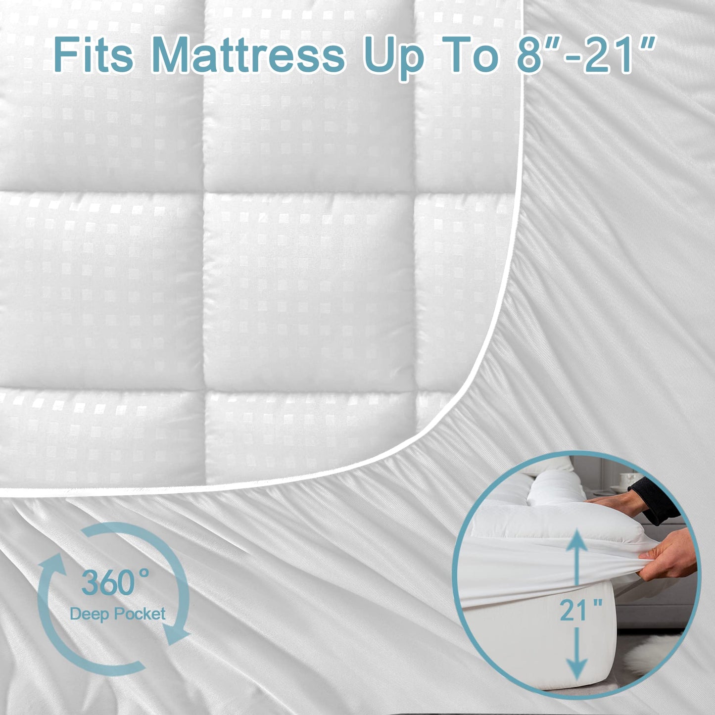 HYLEORY King Mattress Pad Quilted Fitted Mattress Protector Cooling Pillow Top Mattress Cover Breathable Fluffy Soft Mattress Topper with 8-21" Deep Pocket