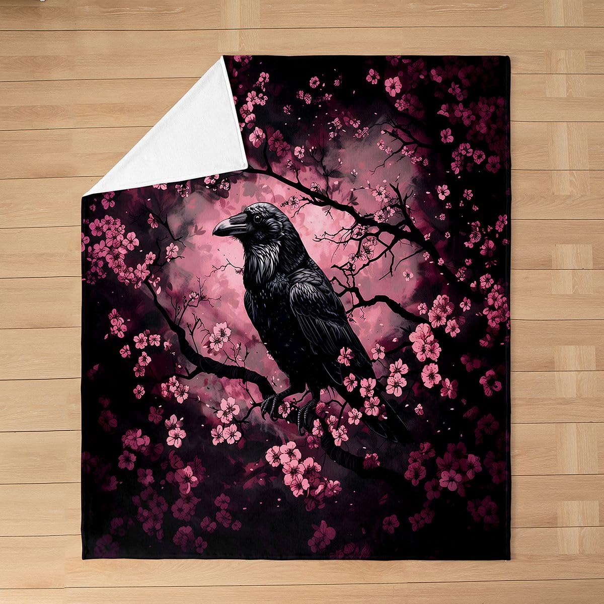 Feelyou Crow Plush Throw Blanket Halloween Themed Flannel Blanket 40"x50" Cherry Blossoms All Season Trick or Treat for Couch Bed Sofa Goth Bedroom Decor