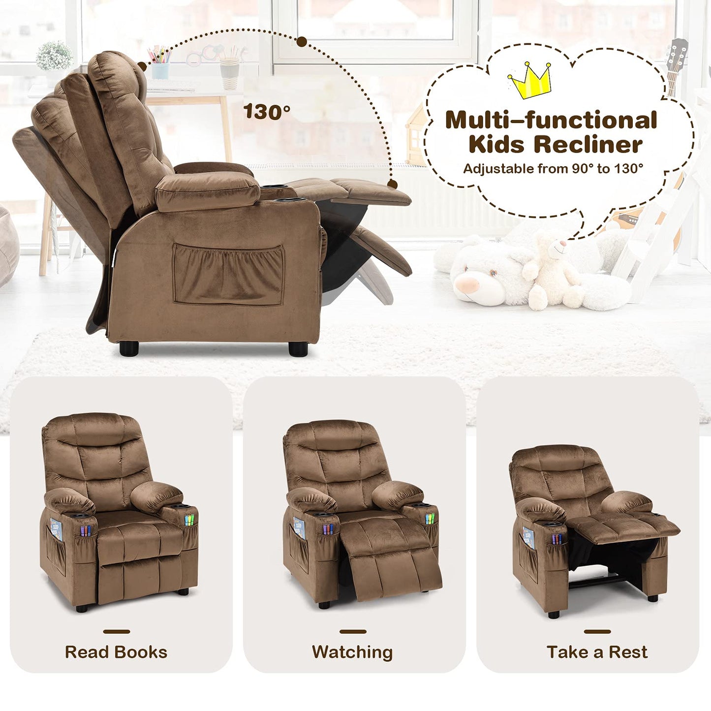CHEFJOY Kids Recliner, Kids Recliner Chair w/ 2 Cup Holders, Velvet Fabric Chairs Comfy w/Adjustable Backrest & 3 Pockets, Toddler Furniture Sofa for Boys Girls Aged 3+