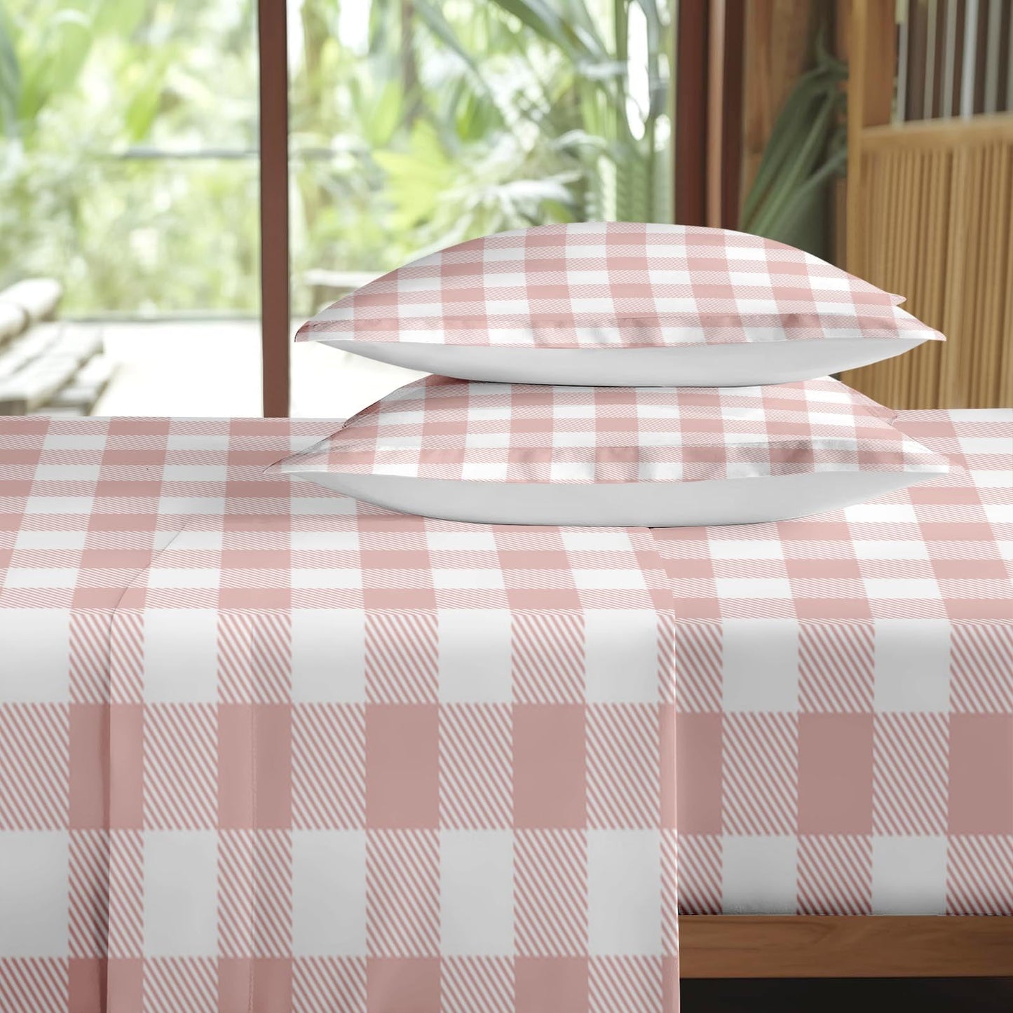 Pamnest Full Size Bed Sheet Sets, Valentine Gingham Buffalo Plaid Soft Microfiber 4 Pcs Bedding Sets for Kids and Adults Bedroom Bed Decor, Pink Cute Love Flat, Fitted Sheet and 2 Pillowcases