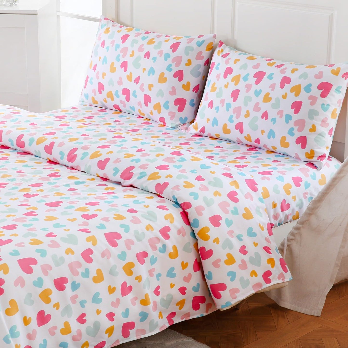 MICORAL Kids Twin Sheets Set Hearts, 3 Pieces Sheets for Boys & Girls, Soft Printed Microfiber Double Brushed Bed Sheets, Deep Pocket Cozy Toddler Bedding Set, Cute Hearts