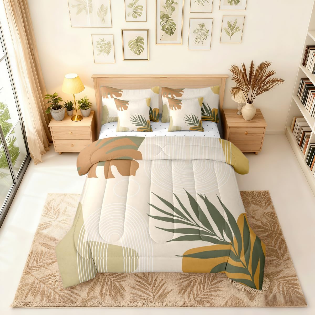 Erosebridal Beige Green Boho Full 7 Pieces Bedding Set, Mid Century Abstract Simple Comforter Set with Sheets, Modern Minimalist Arch Geometric Bed Sets, Tropical Palm Leaf Aesthetic Bed in A Bag