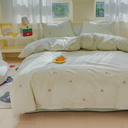 LIWHENHAO Animal Duvet Cover Set Queen 100% Cotton Bedding Cute Squirrel Elephant Giraffe Tree Print 1 Light Green Cottagecore Comforter Cover Full 2 Pillowcases for Kids Girls Boys Woman