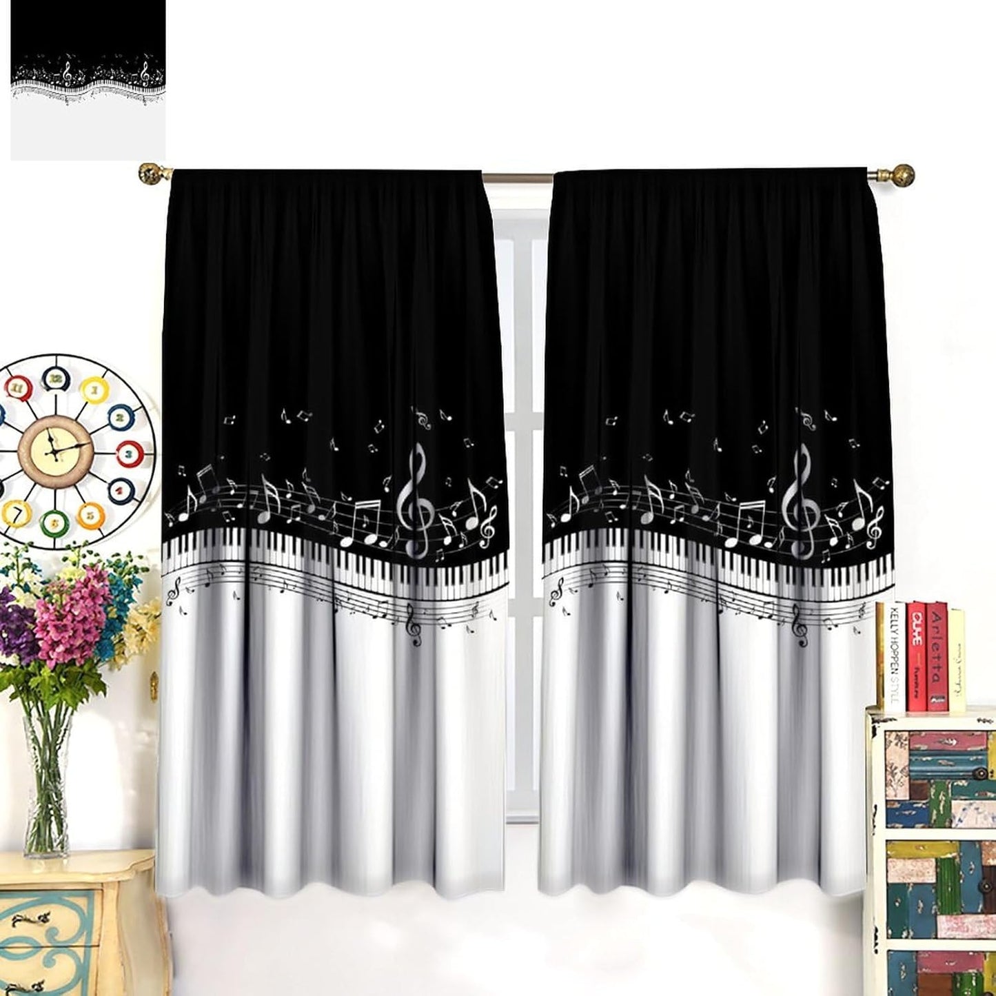 HZOHNAGO Music Curtain Black and White Musical Notes Piano Key Pattern Blackout Print Rod Pocket Window Drapes for Bedroom Living Room 42x45in