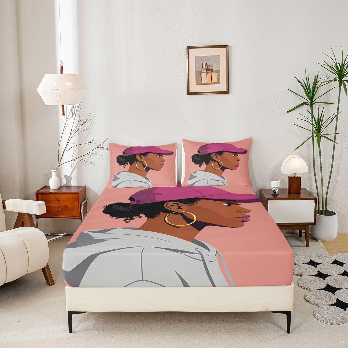 Erosebridal Black Girls Girls Bed Sheets Full Size Fashion Black Woman Fitted Sheet Vogue Fashionable Gorgeous Bedding Set for Kids Children Women Bedroom Decor African Princess Magical Sheets