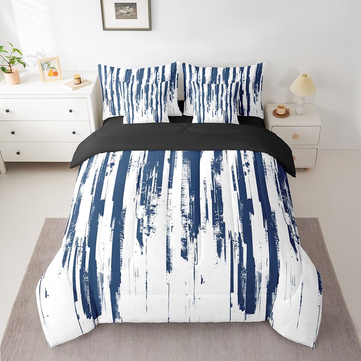Erosebridal 7Pcs Navy Blue King Comforter Set,Teal Geometric Stripes Striped Abstract Bed in A Bag,Modern Art Aesthetic Quilt Set with Pillowcases,Watercolor Graffiti Ink Bedding with Bed Sheets
