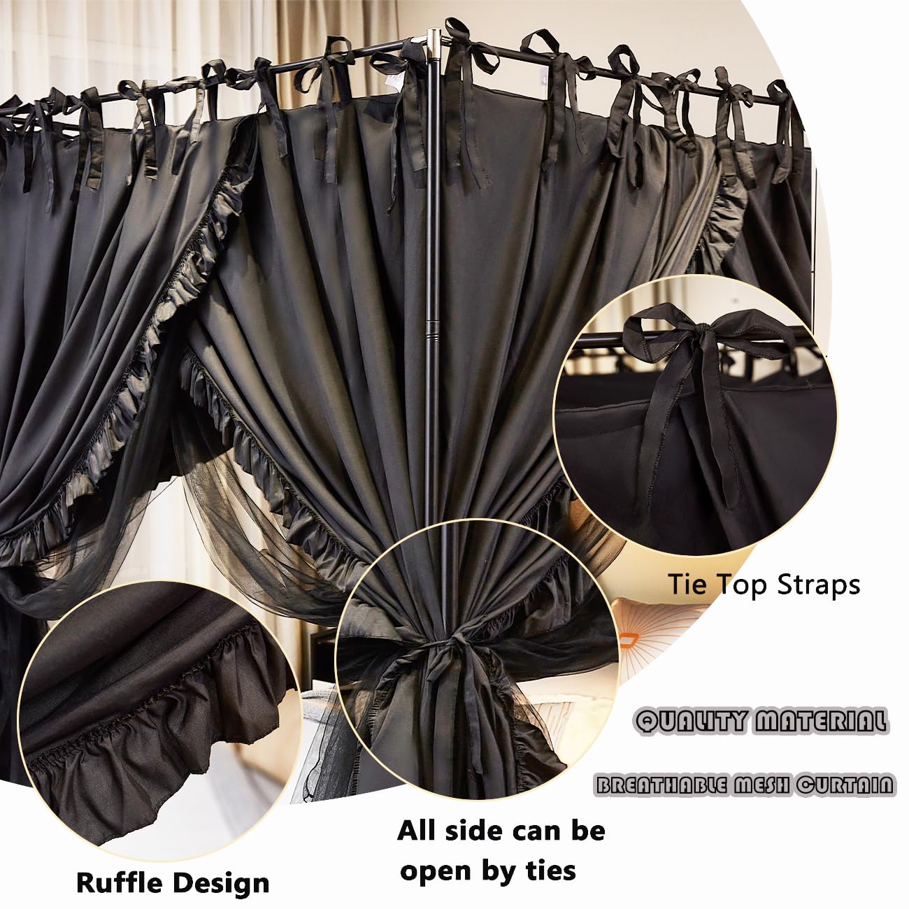 Akiky 4 Corners Post Canopy Bed Curtains Double Layer Cozy Drape Netting 4 Opening Mosquito Net Mesh for Girls Bedroom Decoration(Black,King)