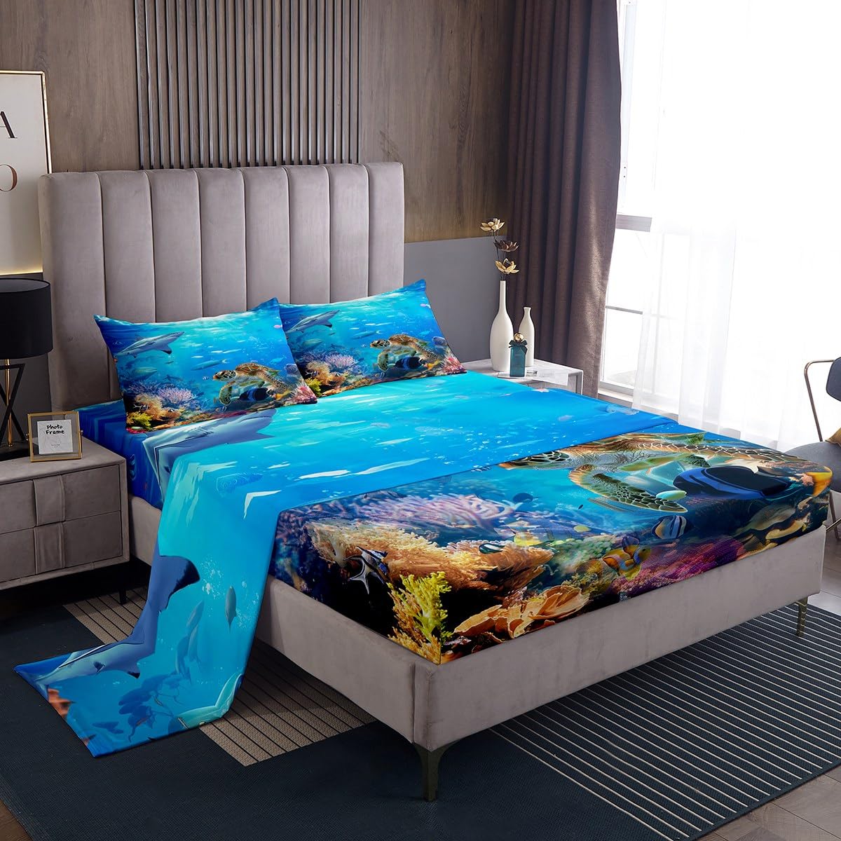 Erosebridal Sea Turtle Sheet Set Full Size, Shark Bed Sheets, Ocean Animals Fishes Fitted Sheet, Tortoise Rainbow Coral Bed Sheets, Home Textiles Bed Cover for Teens Boys Girls
