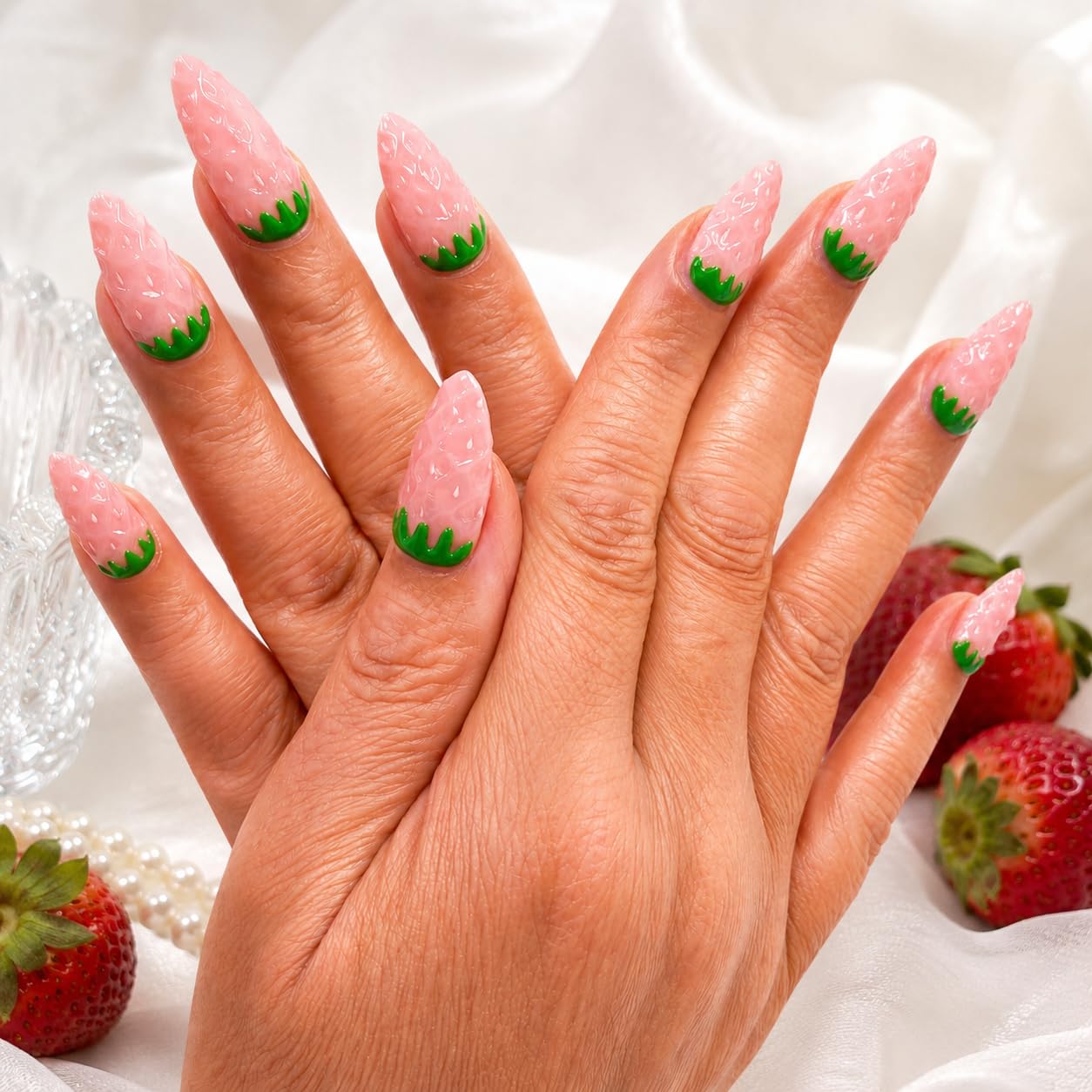 Handcrafted Press On Nails Cute Strawberry Pink Theme Fresh Fruit Pattern 100% Handmade Realistic Artistic Fake Nails Gifts For Women (Pink Strawberry, Medium M)