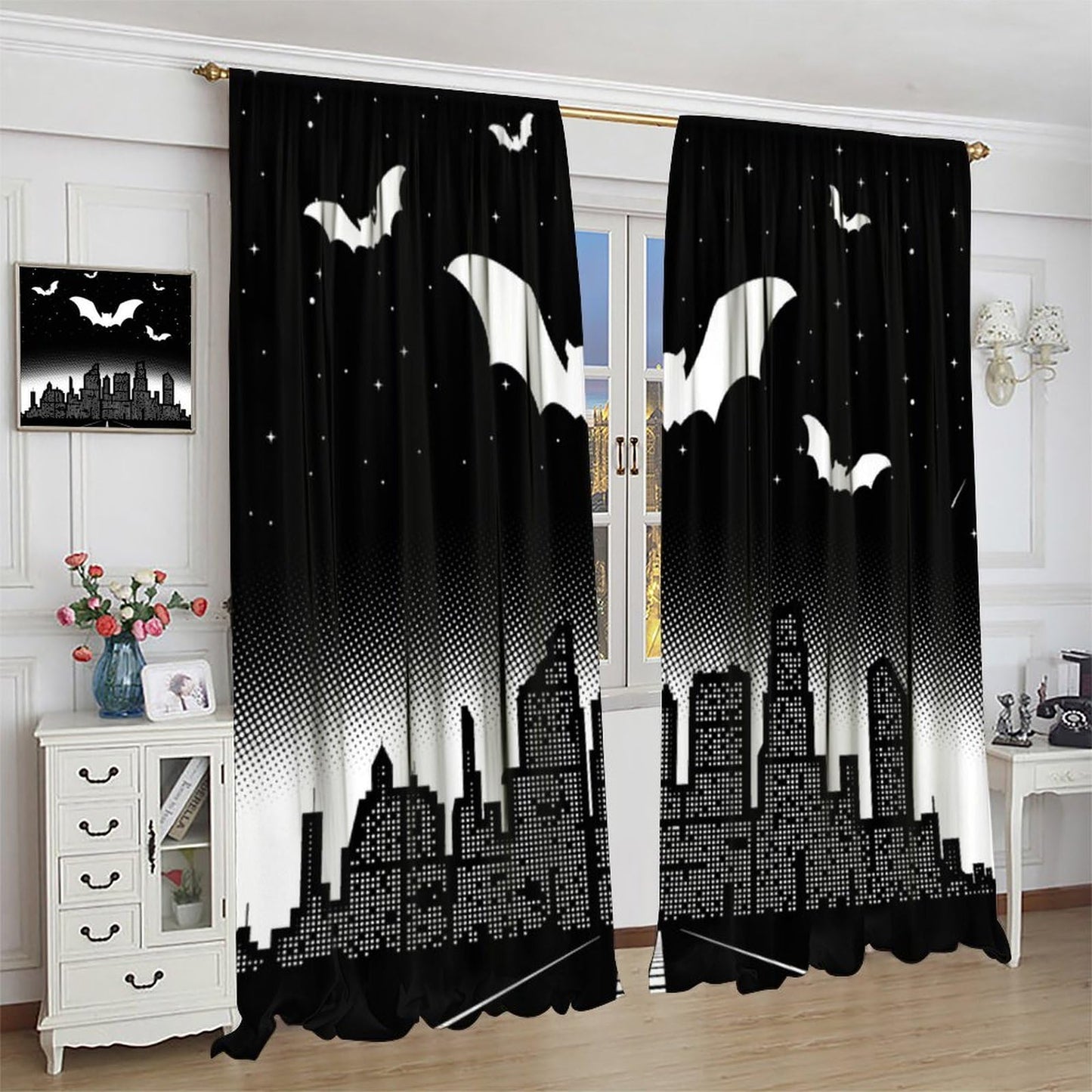DDCBNS Hero Window Curtains,Comic Art Style Cartoon City Starry Sky Window Treatments for Kids Boys Girls Bedroom Décor Drapes 2 Panel Sets Total Size 42" x 45" Black White