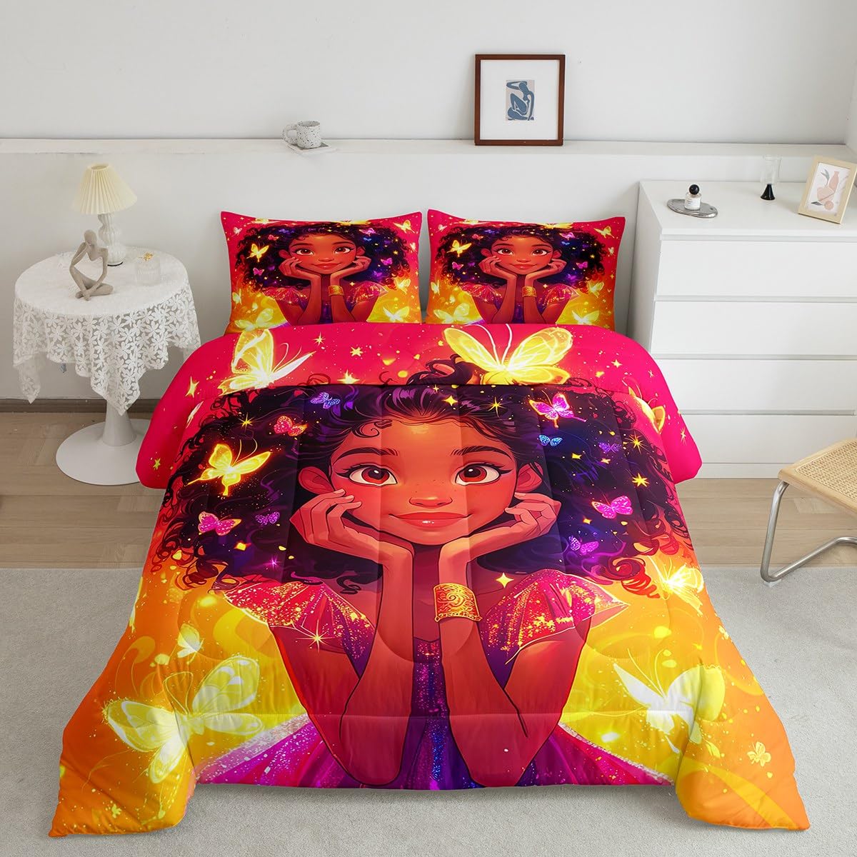 Erosebridal Black Girls Bedding Set Glitter Butterfly Afro Girl Twin Comforter Set for Girls,American African Princess Magical Quilt for Toddler Kids Teenager,Kawaii Room Decor
