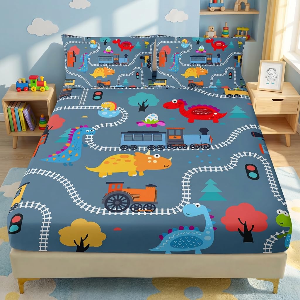 AILONEN Cartoon Train Fitted Sheet Set Twin Size, Railroad Train Printed Bedding Set for Kids,Cute Dinosaur Bed Sheet Set for All Season,3-Pieces,1 Sheet Set with 2 Pillowcases,Soft,Breathable