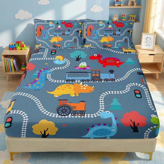 AILONEN Cartoon Train Fitted Sheet Set Twin Size, Railroad Train Printed Bedding Set for Kids,Cute Dinosaur Bed Sheet Set for All Season,3-Pieces,1 Sheet Set with 2 Pillowcases,Soft,Breathable