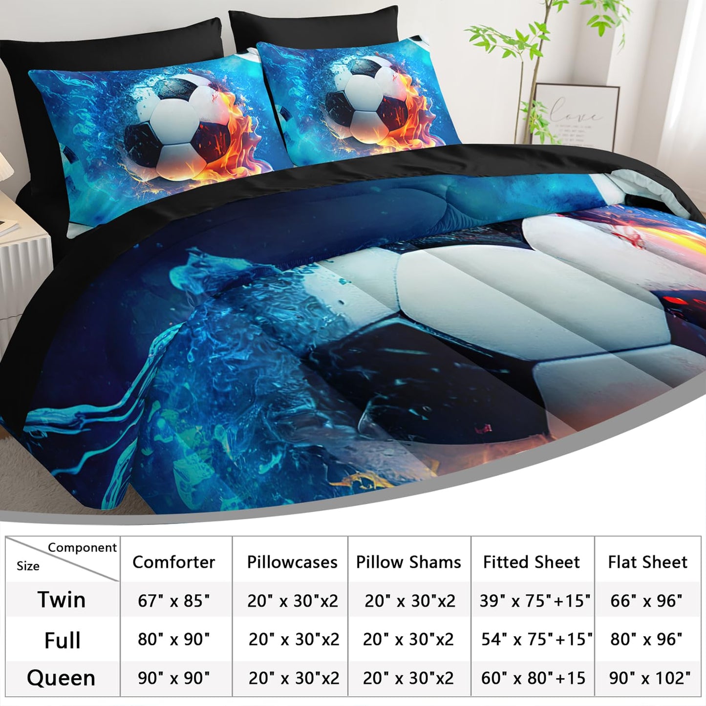 AILONEN Kids Soccer Comforter Set Full Size,7-Piece Soft Bed in a Bag,Ice and Fire Sport Boys Soccer Comforter & Fitted Sheet with Flat Sheet & 2 Pillowcases,2 Pillow Shams for Bedroom