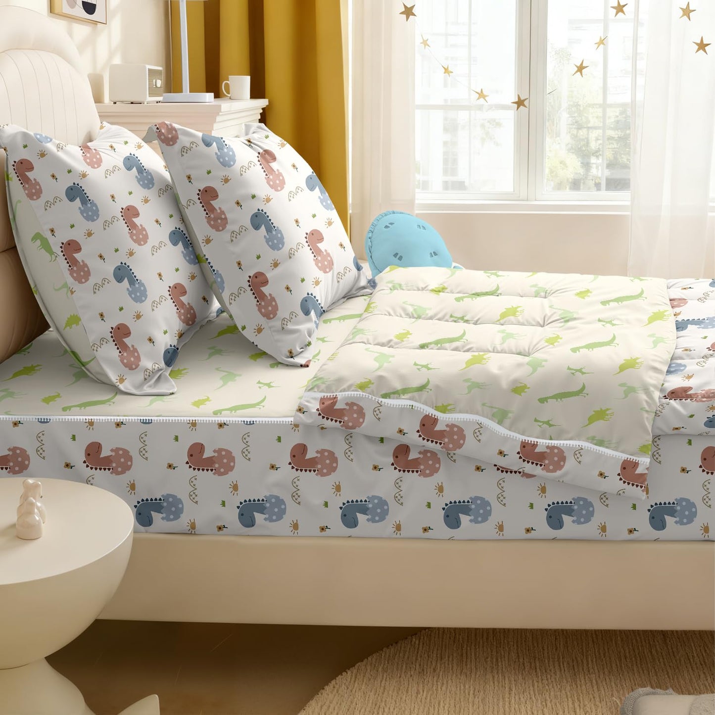 Yadangxiawa Kids Comforter Set,Zipper Bedding Twin for Boys,Dinosaur Printed Comforter Set with Cartoon Dinosaurs Fitted Sheets and Pillowcases for All Season(Dinosaur-B)