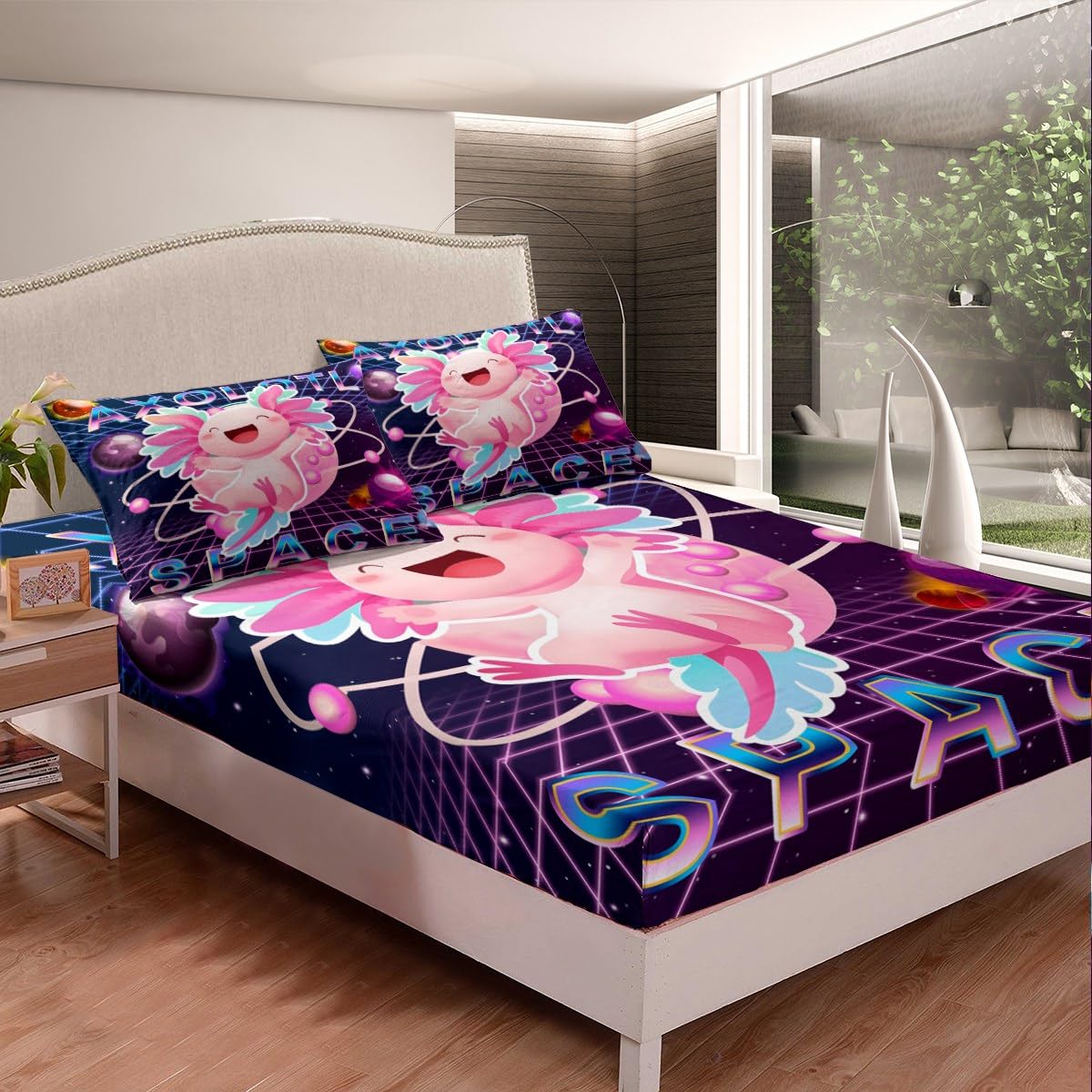 Kawaii Axolotl Bedding Set Twin for Boys Kids Galaxy Starry Sky Fitted Sheet Teens Girls Universe Outer Space Fitted Bed Sheets Cute Reptiles Animal Coastal Axolotl Bedspread Cover with 1 Pillowcase