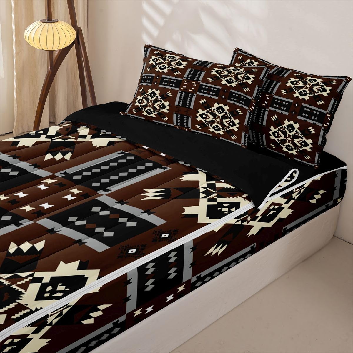 Brown Aztec Zipper Bedding Set Full,Southwestern Tribal Bed-in-a-Bag Set Zip-Up Comforter with Fitted Sheet & Pillowcases,Black and White Native Farmhouse Bedroom Decor for Kids & Teens Pet Friendly