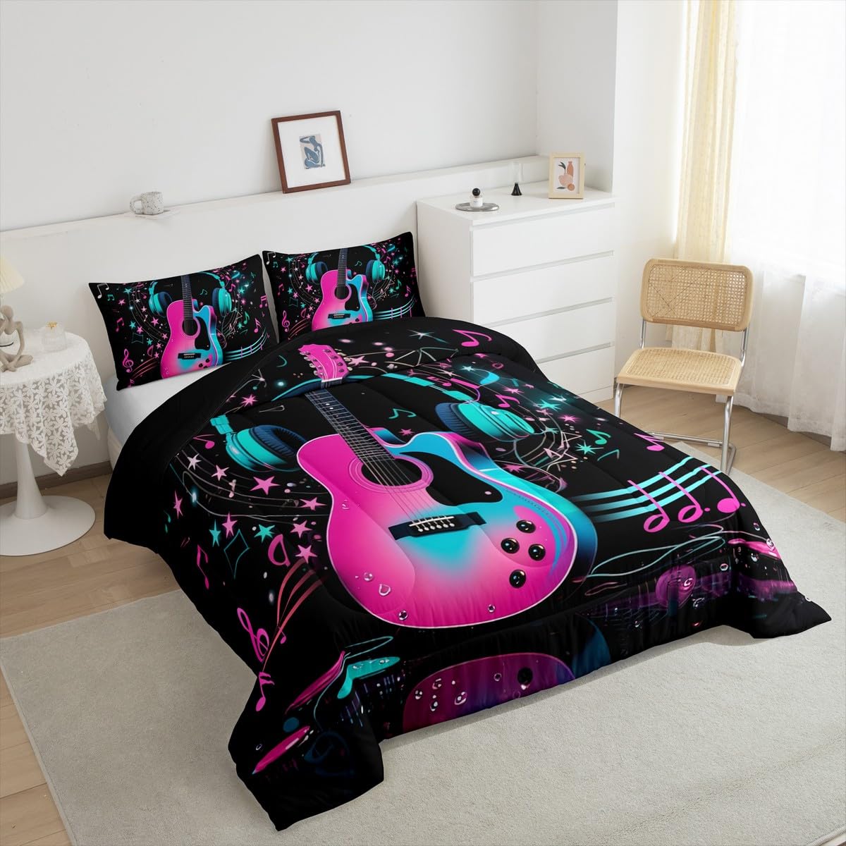 Erosebridal Guitar Music Comforter Set Queen Musical Notes Guitar Bedding Set Pop Music Theme Comforter for Kids Boys Girls,Fashion Hot Pink Blue Quilt Duvet