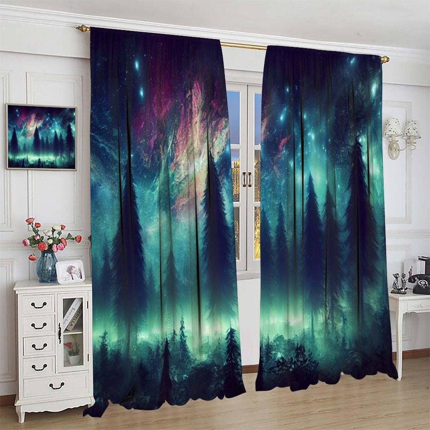 BenYaSong Galaxy Space Blackout Window Curtain Colorful Starry Tree Sky Mountain Misty Forest Fantasy Landscape for Home Kitchen Livingroom Coffee Room Window Curtain 2Panel 42" W X 45" L