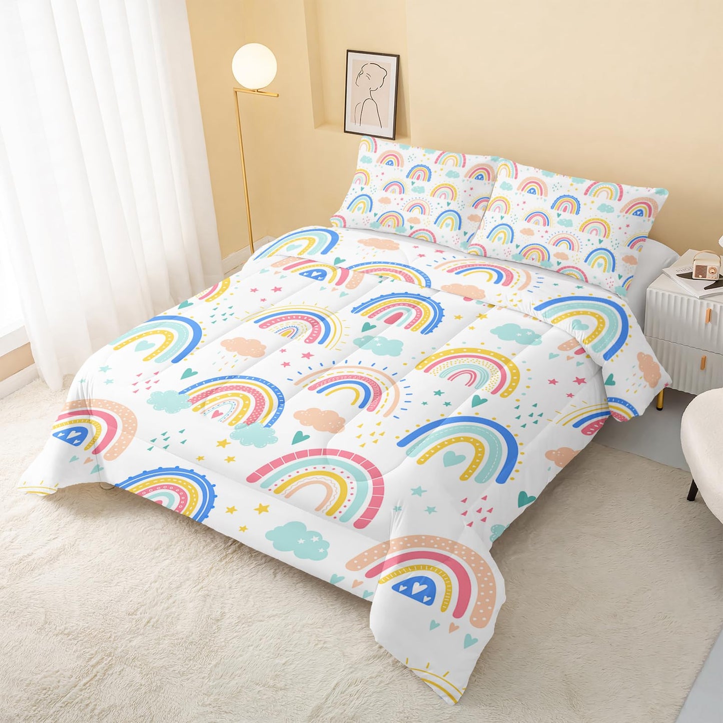 QOOMO 3Pcs Rainbow Comforter Set Twin,Cloud and Star Bedding Set for Teens Boys Girls,Colorful Printed Comforter with 2 Pillowcases,Down Alternative,Soft and Lightweight