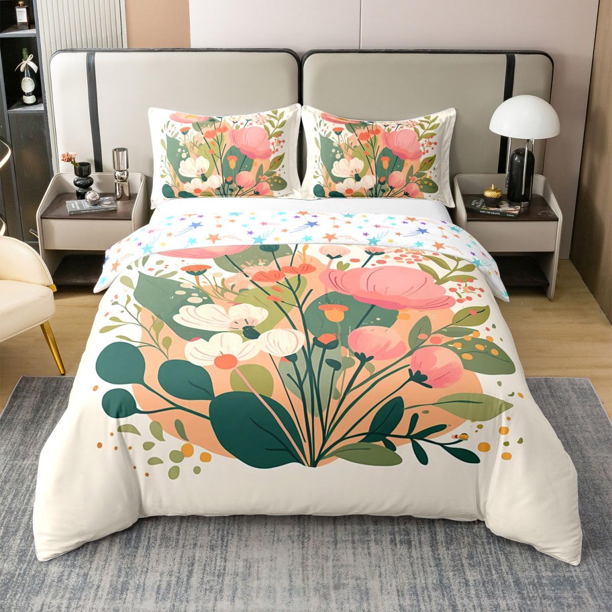 Erosebridal Florals Bedding Set Full Spring Leaf Floral 100% Cotton Duvet Cover Summer Botanical Garden Comforter Cover for Kids Girls Boys Adults Beige Pink Flower Bedclothes 3 Pcs